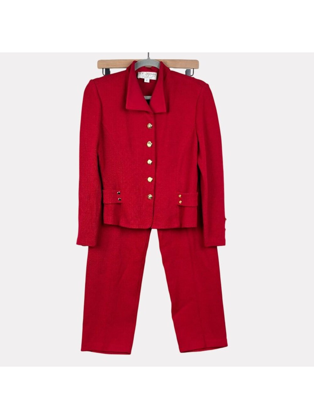St. John Collection Knit Two Piece Suit Womens 2 Red Gold Long Sleeve Blazer
